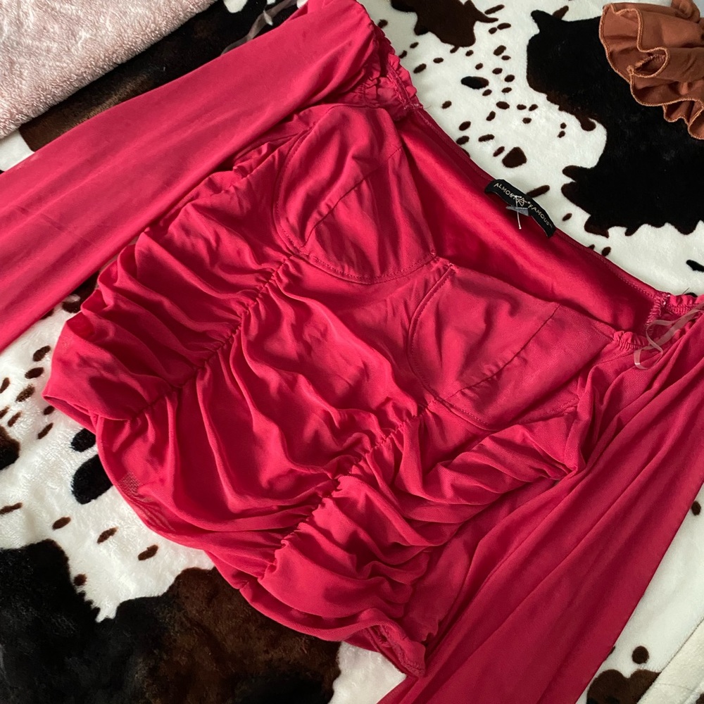 Red corset like long sleeve plus size blouse